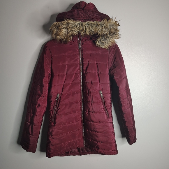 Ambiance Jackets & Blazers - Ambiance Outerwear Burgundy Lightweight Fur Hood Puffer Jacket Junior Size Small